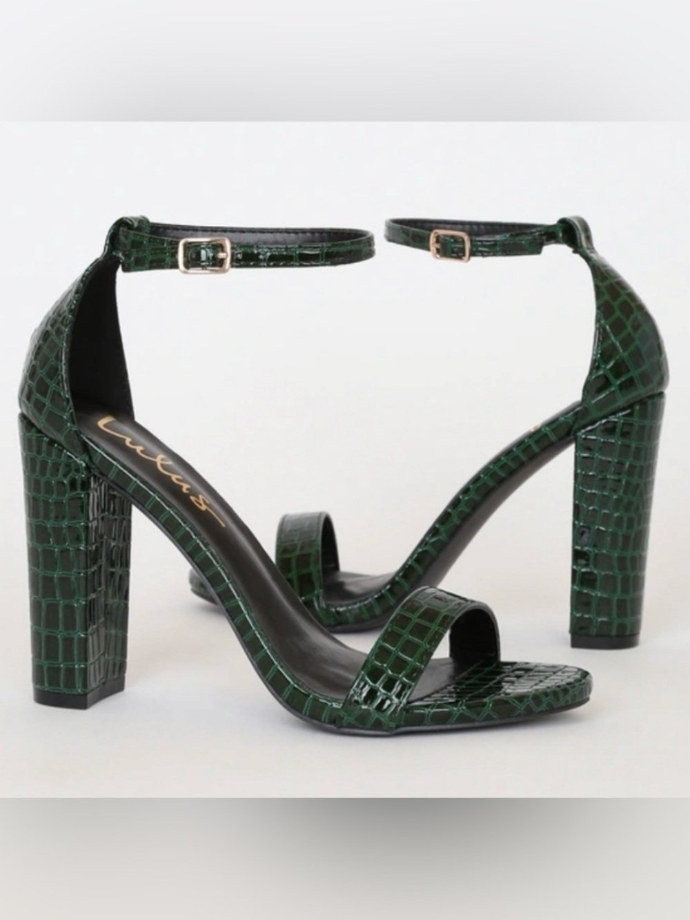Lulus Taylor Evergreen Crocodile-Embossed Block Heel Sandals Ankle Strap size 8